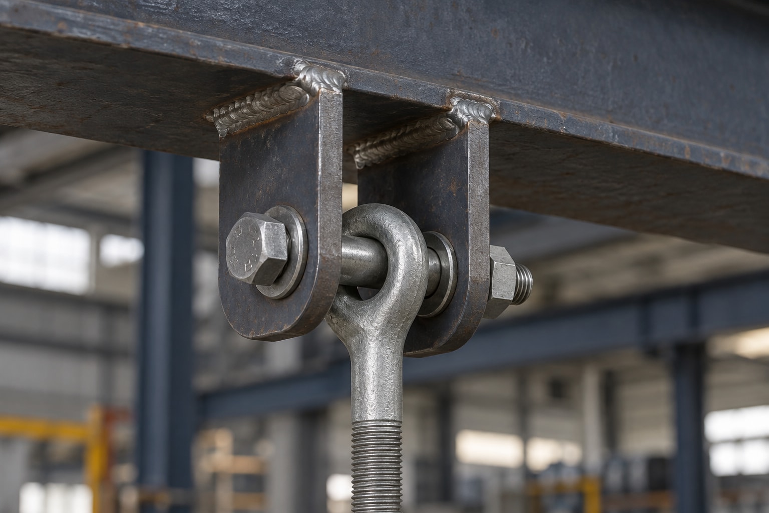 Illustration of a hanger rod eye connected between welded steel attachment plates