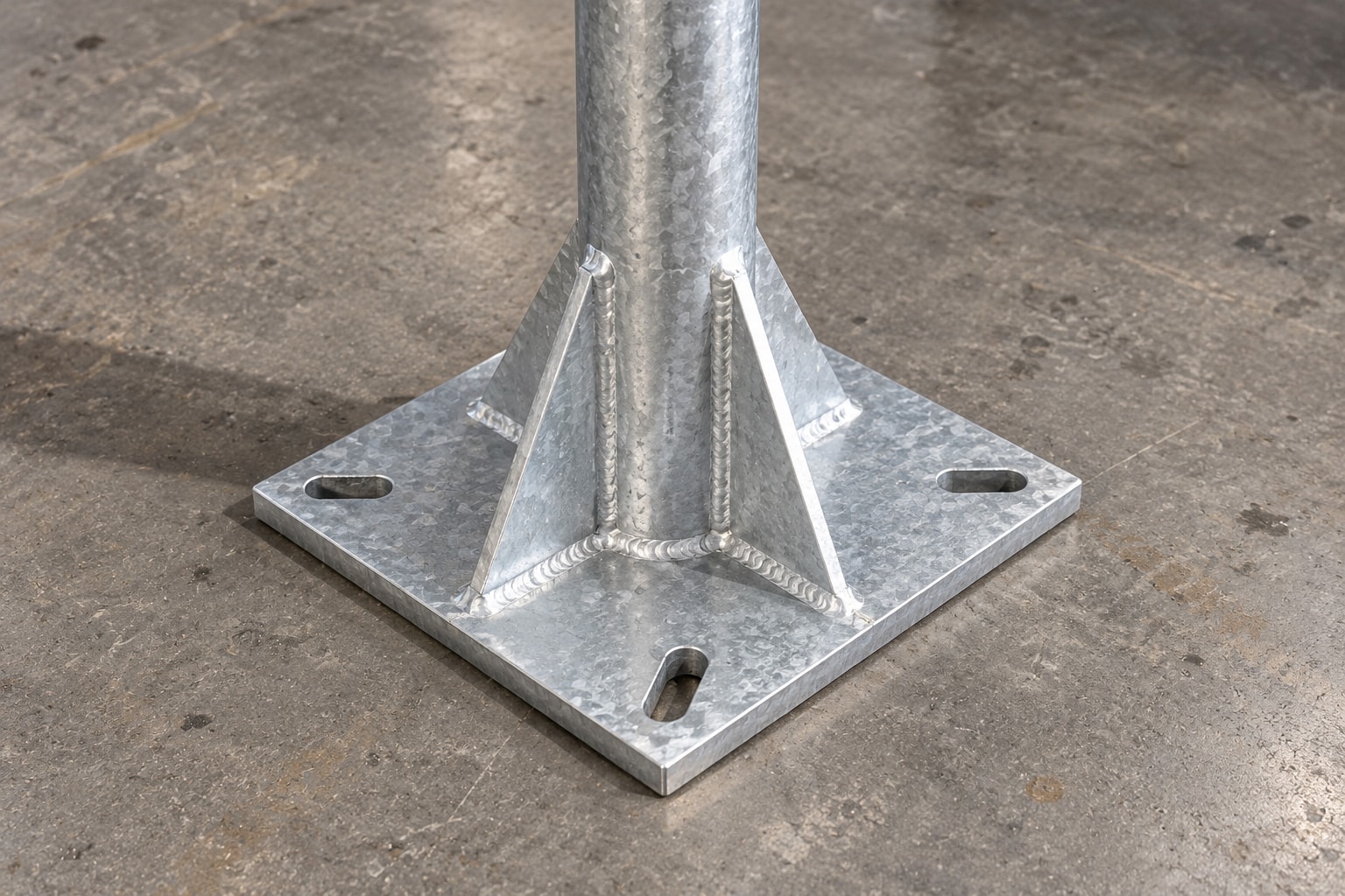 Illustration showing welded triangular gussets and slotted anchor holes in an instrument stand base