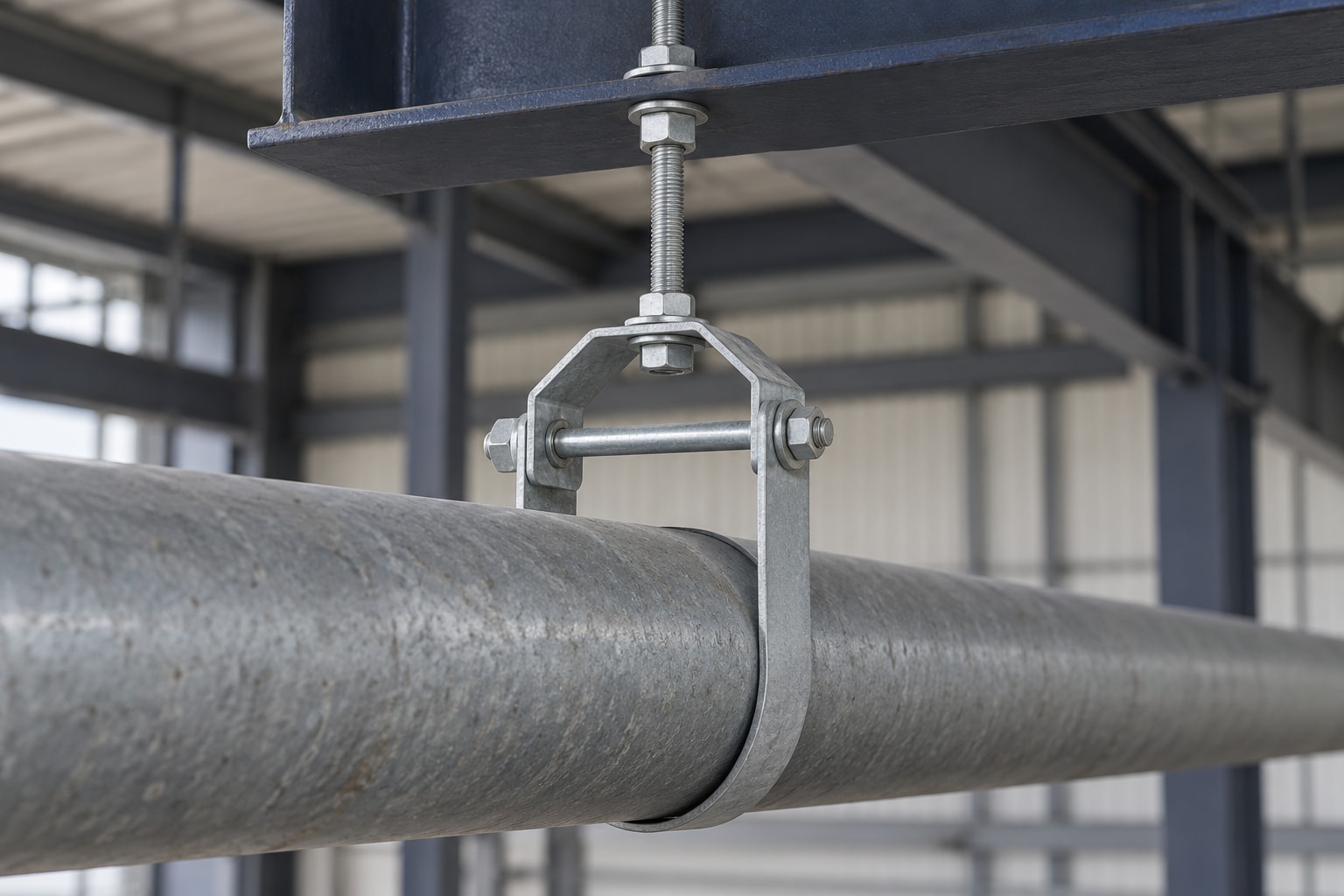 Illustration of a clevis pipe hanger supported by a threaded rod from structural steel
