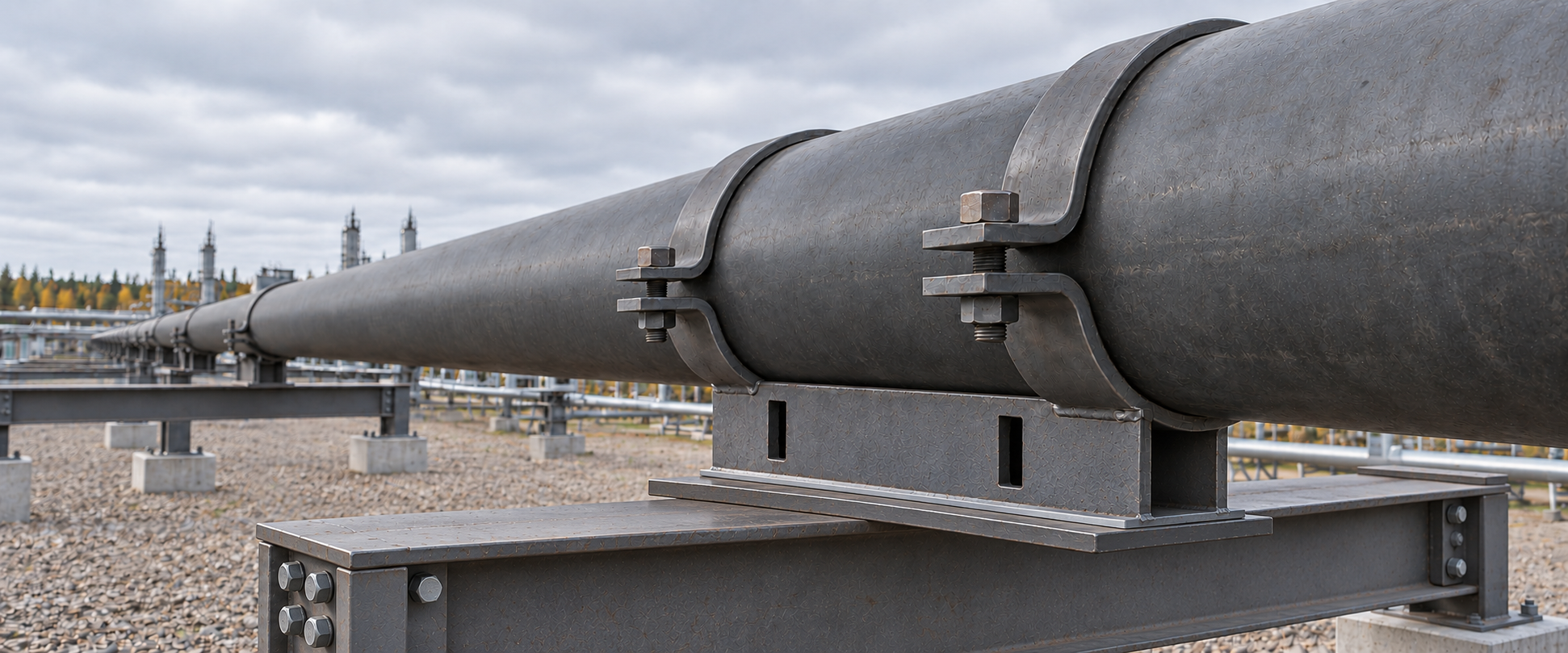 Illustration of a clamped pipe shoe resting on a sliding bearing above a steel pipe-rack beam in Alberta